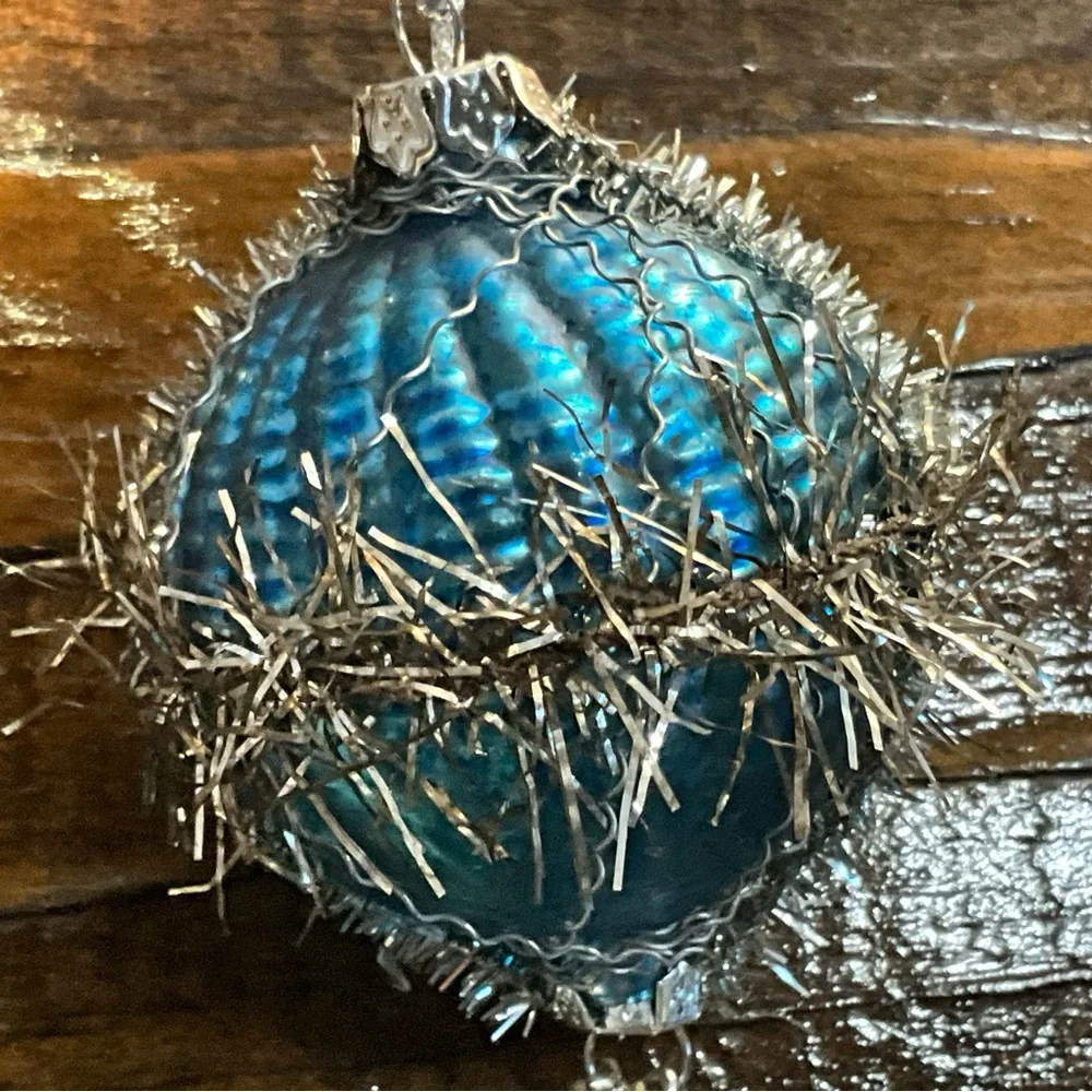 Unique Blue Glass Ornament with Wire Tinsel Beads